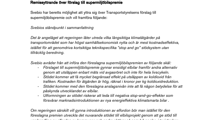 Remissyttrande om supermiljöbilspremie