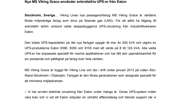 Nya MS Viking Grace använder avbrottsfria UPS:er från Eaton