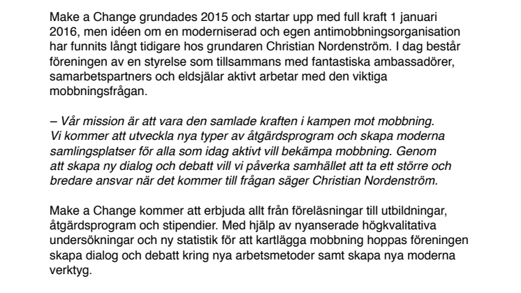 ”Make a Change – ny förening mot mobbning”