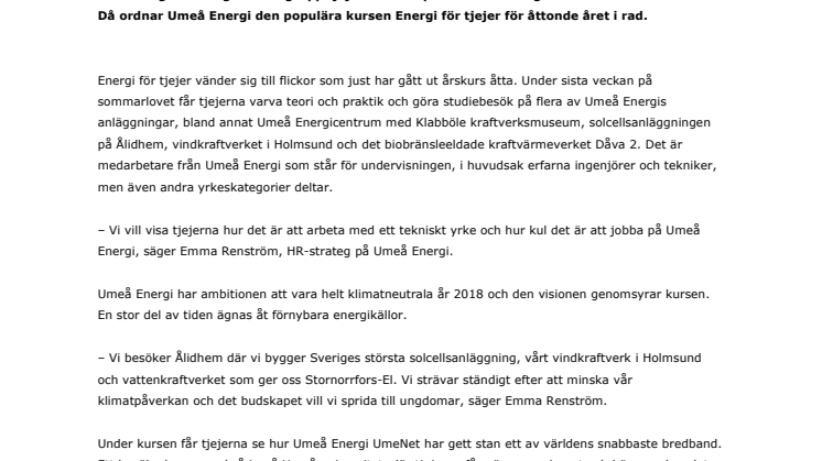 Umeå Energi ordnar populära Energi för tjejer – för åttonde året i rad
