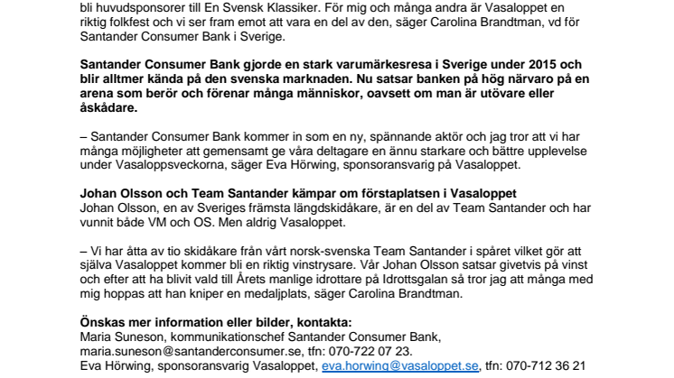 Santander Consumer Bank ny officiell partner till Vasaloppet