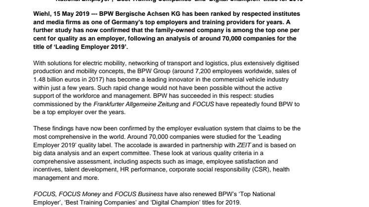 New study: BPW ranks among the top one per cent of German employers 