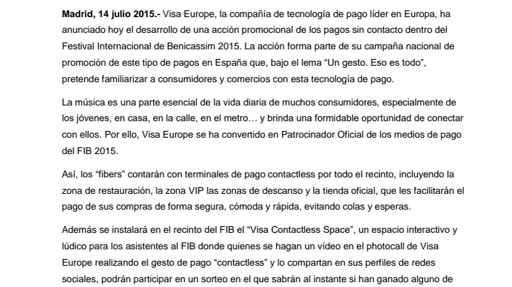 Visa Europe colabora con FIB 2015 para promocionar el pago sin contacto entre los jóvenes