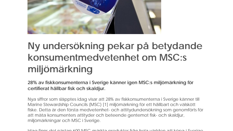 Ny undersökning pekar på betydande konsumentmedvetenhet om MSC:s miljömärkning