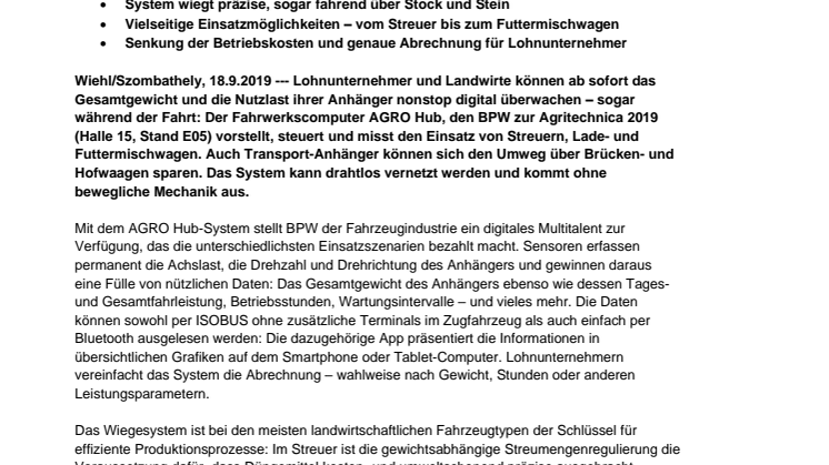 Landwirtschaft 4.0: Totale Transparenz beim Fahren, Laden, Streuen, Füttern und Wiegen mit dem BPW AGRO Hub Wiegesystem