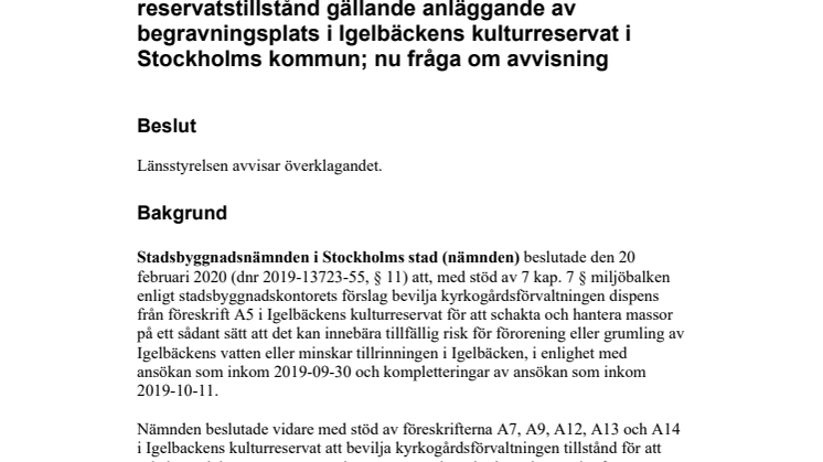 Länsstyrelsens beslut att avvisa rätten att överklaga, april 2020