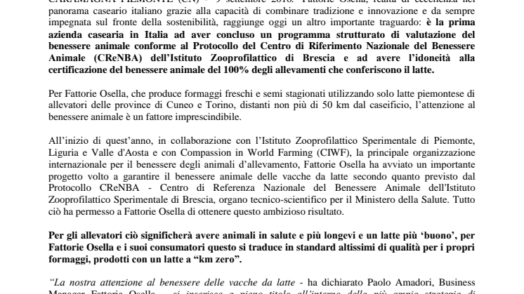 Fattorie Osella in prima linea per il benessere animale