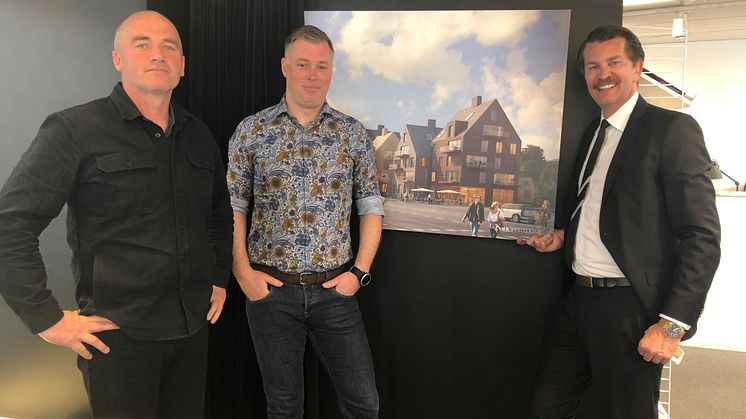 Marius Lorentzon, Link Arkitektur – Joakim Lindahl, Fastighets AB 3Hus – Johan Linde, Våningen & Villan framför illustration över Kv. Fregatten, Råå.
