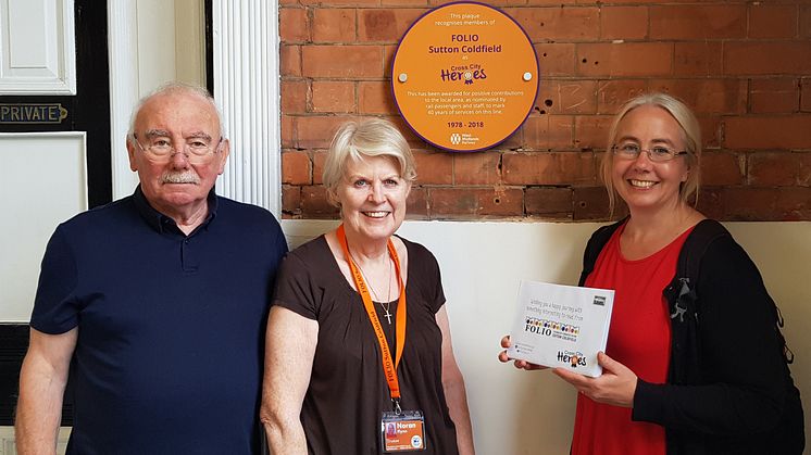John Cooper (FOLIO Trustee), Noran Flynn (FOLIO trustee) and Zoe Toft (FOLIO Trustee) with their Cross City Heroes plaque at Sutton Coldfield station