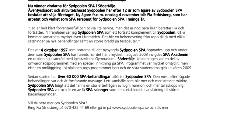 Sydpoolen SPA i Södertälje i ny regi