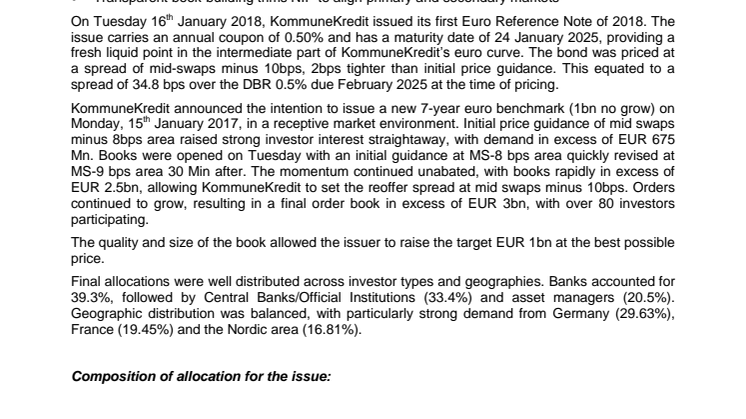 KommuneKredit issues a new 7-year EUR benchmark