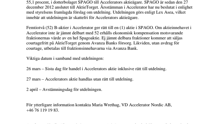 Accelerator delar ut dotterbolaget SPAGO Imaging AB till aktieägarna