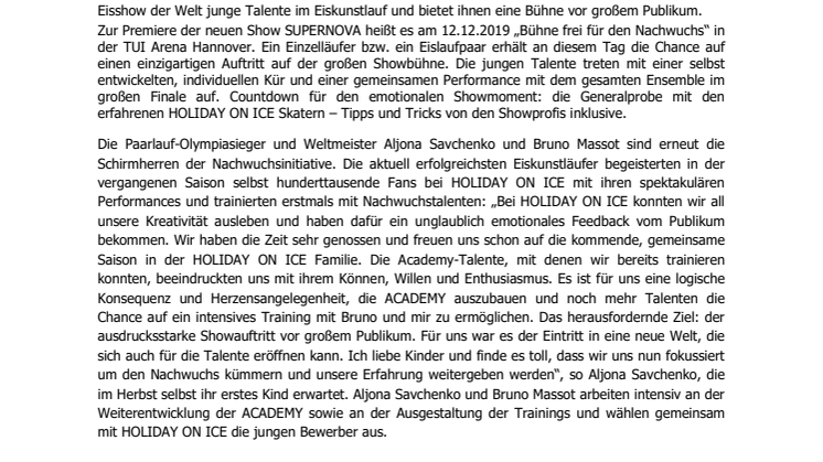 HOLIDAY ON ICE ACADEMY startet Talentaufruf für Hannover – Aljona Savchenko und Bruno Massot unterstützen die Nachwuchsinitiative