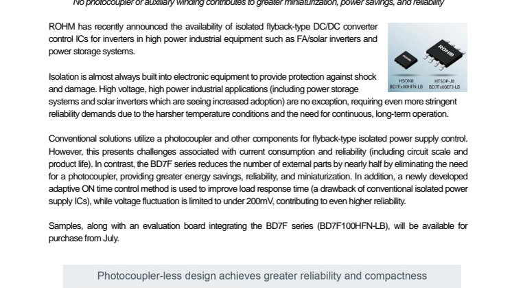Isolated Power Supply Control ICs for Industrial Inverters---No photocoupler or auxiliary winding contributes to greater miniaturization, power savings, and reliability