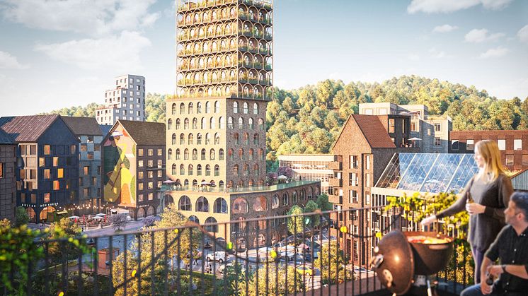 Södra-Änggården. Hökerum Bygg kommer att explaterera området till höger om Höghuset. 