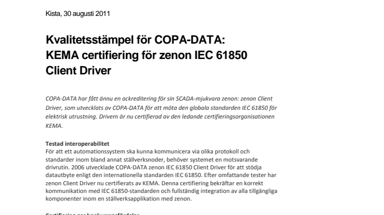 Kvalitetsstämpel för COPA-DATA: KEMA certifiering för zenon IEC 61850 Client Driver