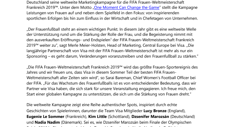 Visa startet weltweite Marketingkampagne zur FIFA Frauen-Weltmeisterschaft Frankreich 2019™ 