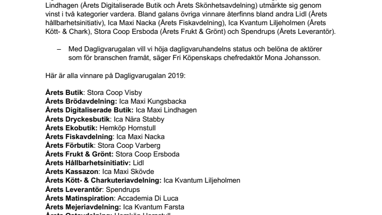 Alla 20 vinnare på Dagligvarugalan 2019