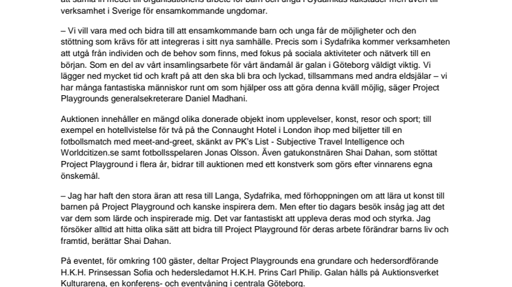 Project Playground håller insamlingsgala till förmån för sitt arbete för barn och unga