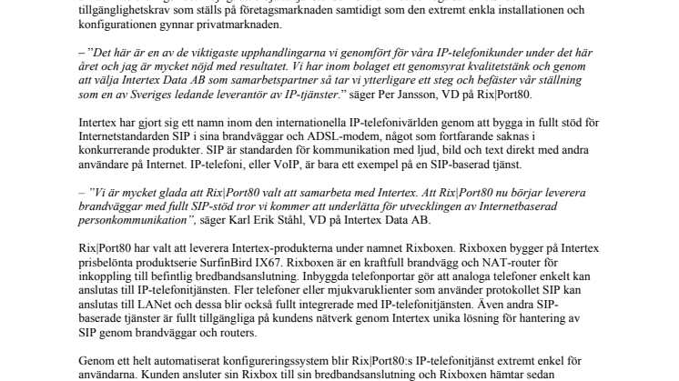 Rix|Port80 väljer Intertex som leverantör till sin IP-telefonitjänst