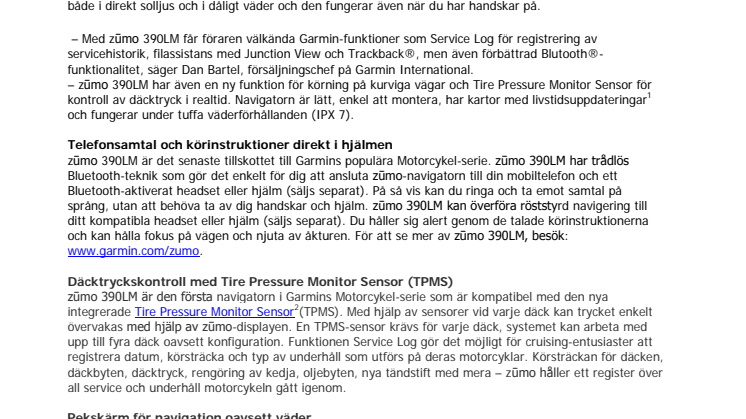 Garmin® lanserar ny GPS för motorcyklister – zūmo 390LM 