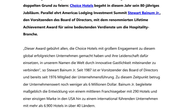 Franchisepionier Choice Hotels wird 80 – Award für Bainum Jr. 
