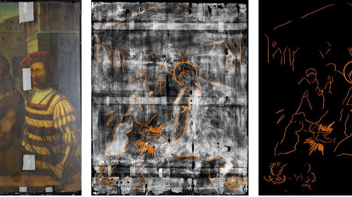 From left-right: The painting as it appears today, the x-ray of the painting discovered underneath with the figures outlined, and the outline without the x-ray background.