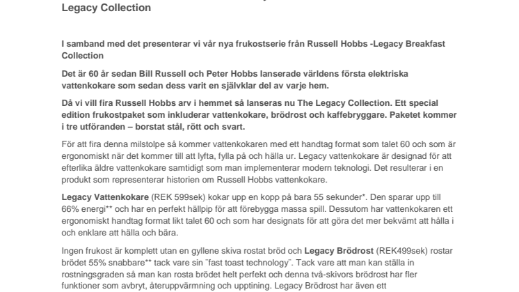 Världens första elektriska vattenkokare fyller 60 år - Russell Hobbs lanserar Legacy Collection