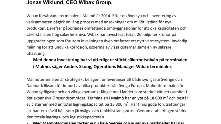 Wibax terminal i Malmö är redo för marknaden i södra Sverige
