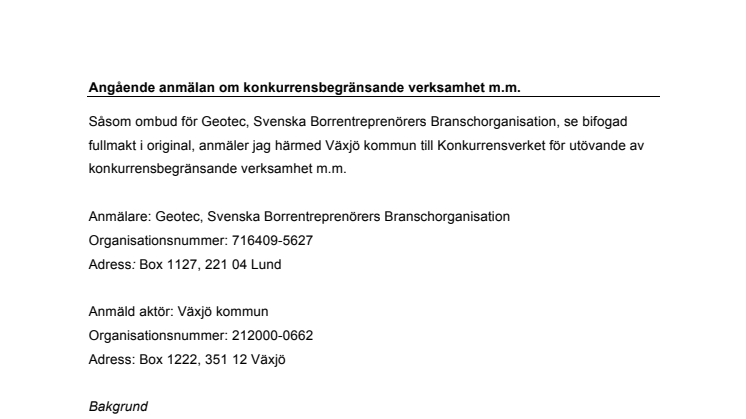 Anmälan om konkurrensbegränsande verksamhet