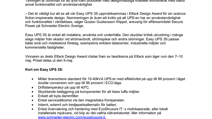 Schneider Electrics Easy UPS 3S nominerad i Elfack Design Award