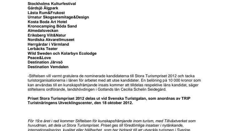 Kandidaterna till Stora Turismpriset 2012 utsedda