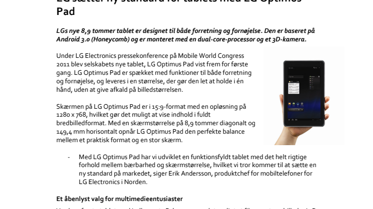 LG sætter ny standard for tablets med LG Optimus Pad