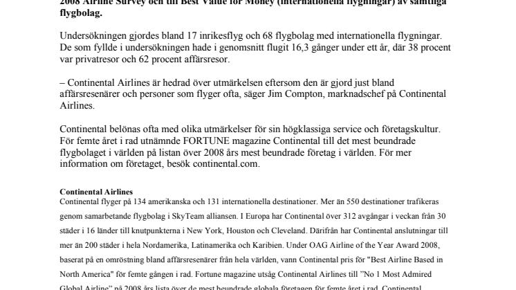 Continental Airlines utnämnt till USA:s bästa inrikesflyg i Zagats 2008 Airline Survey