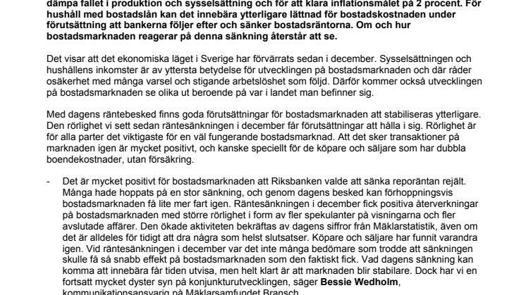 Kommentar till Riksbankens sänkning av reporäntan