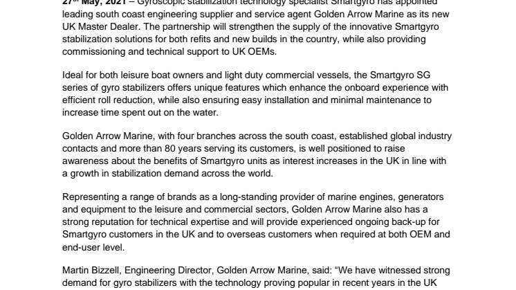 Stabilization Specialist Smartgyro Selects Golden Arrow Marine as UK Master Dealer
