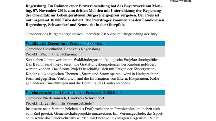 Bürgerenergiepreis Oberpfalz 2016 verliehen