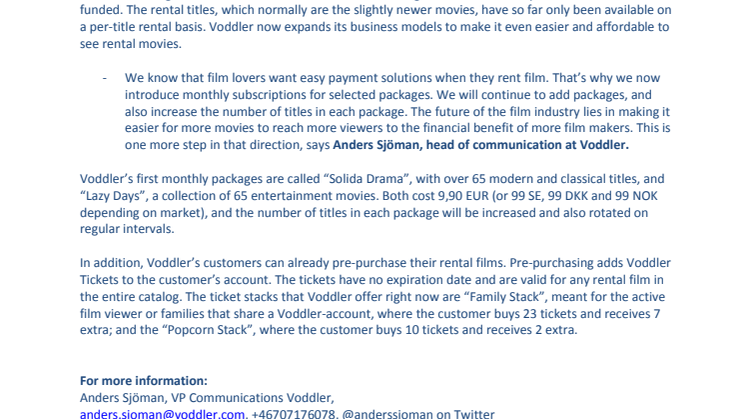 Voddler launches monthly subscriptions for film packages