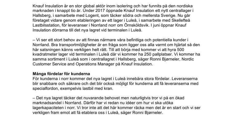 Knauf Insulation öppnar lager i Luleå