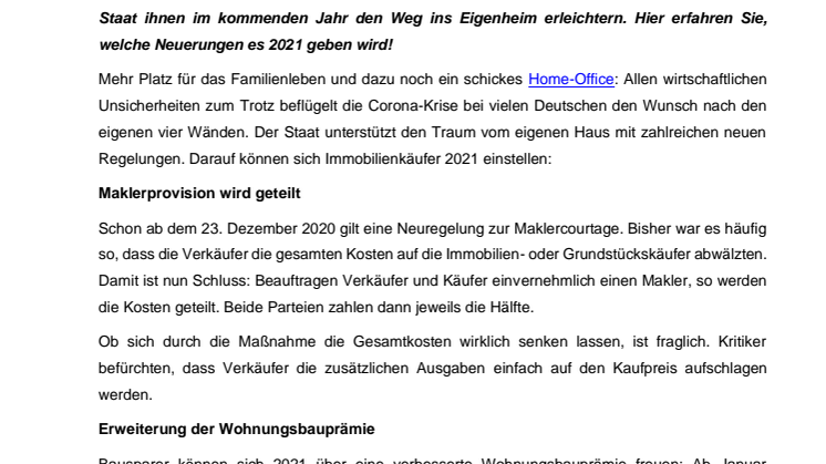 Immobilienkauf: Das ändert sich 2021