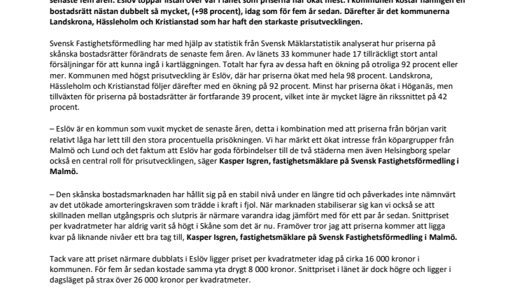 Ny kartläggning visar: Närmare 100 procent prisökning på bostadsrätter i Eslöv