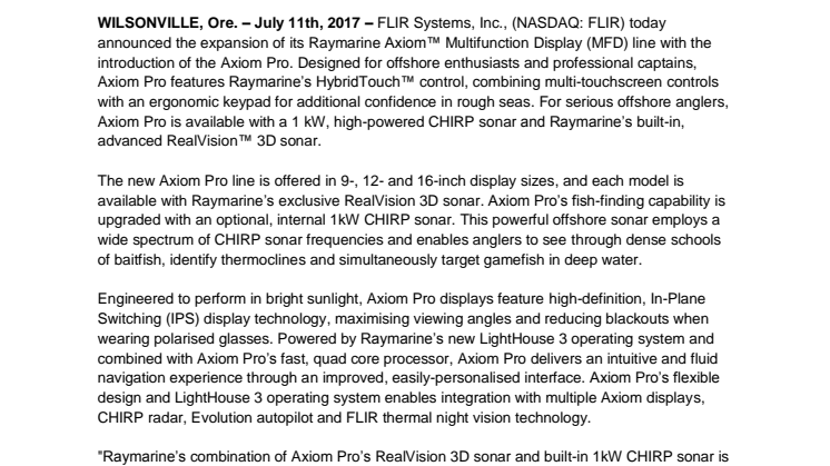 Raymarine:  FLIR Systems Announces Raymarine Axiom Pro Advanced Multifunction Displays 
