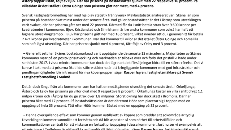 Ny kartläggning från Svensk Fastighetsförmedling: Här har bostadspriserna i Skåne stigit minst det senaste året
