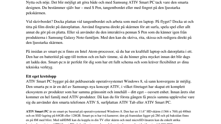 Sann konvergens: Mer flexibilitet än någonsin med Samsung ATIV Smart PC