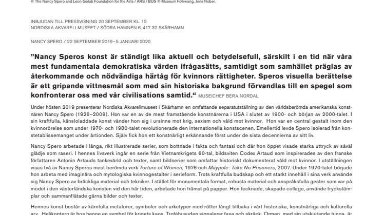 Nancy Spero på Nordiska Akvarellmuseet / Pressvisning 20 september kl. 12