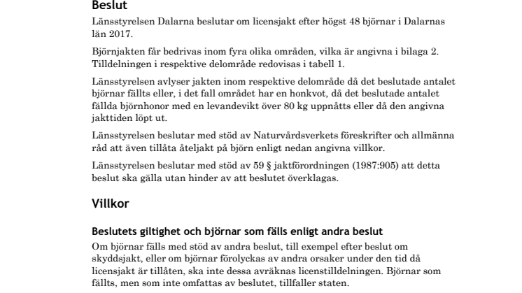 Beslut licensjakt på björn 2017
