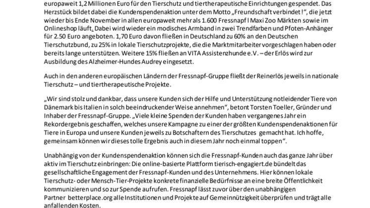 "Tierisch engagiert": Fressnapf-Gruppe startet wieder ihre europaweite Kundenspendenaktion 