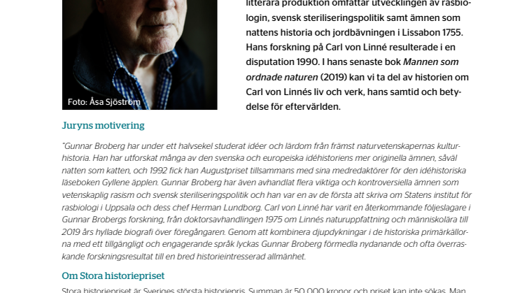 Stora historiepriset 2020 går till Gunnar Broberg