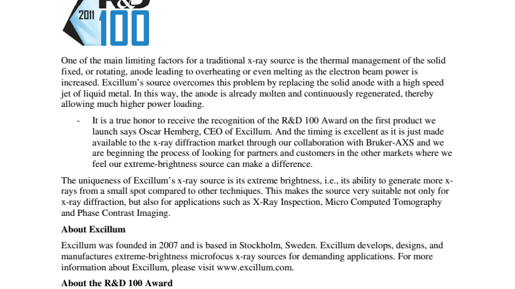 Excillum’s liquid metal x-ray source wins R&D 100 Award