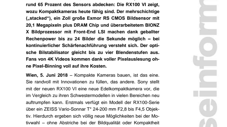 Ultraschnell mit Super-Zoom: Die RX100 VI Kamera von Sony ist der neue Primus unter den Edelkompakten